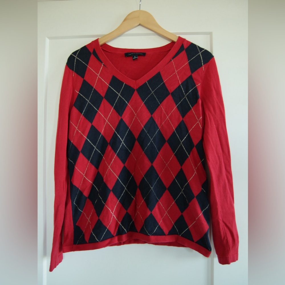 Tommy Hilfiger Red and Black Argyle Sweater VTG